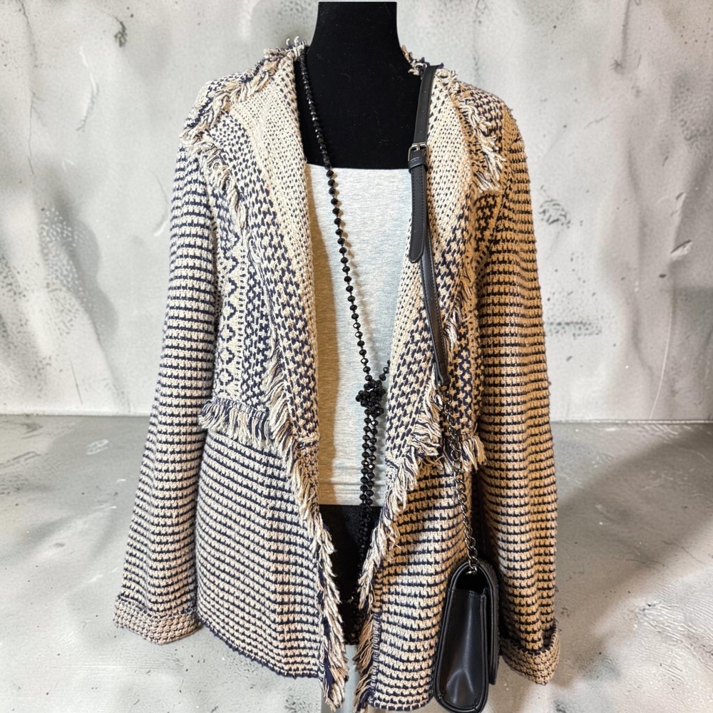 Chicos Navy Blue Cream Geometric Fringe Open Front Cardigan Sweater Size 2 L